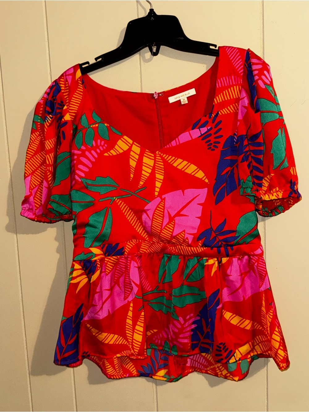Skies Are Blue Red Tropical Print Peplum Blouse